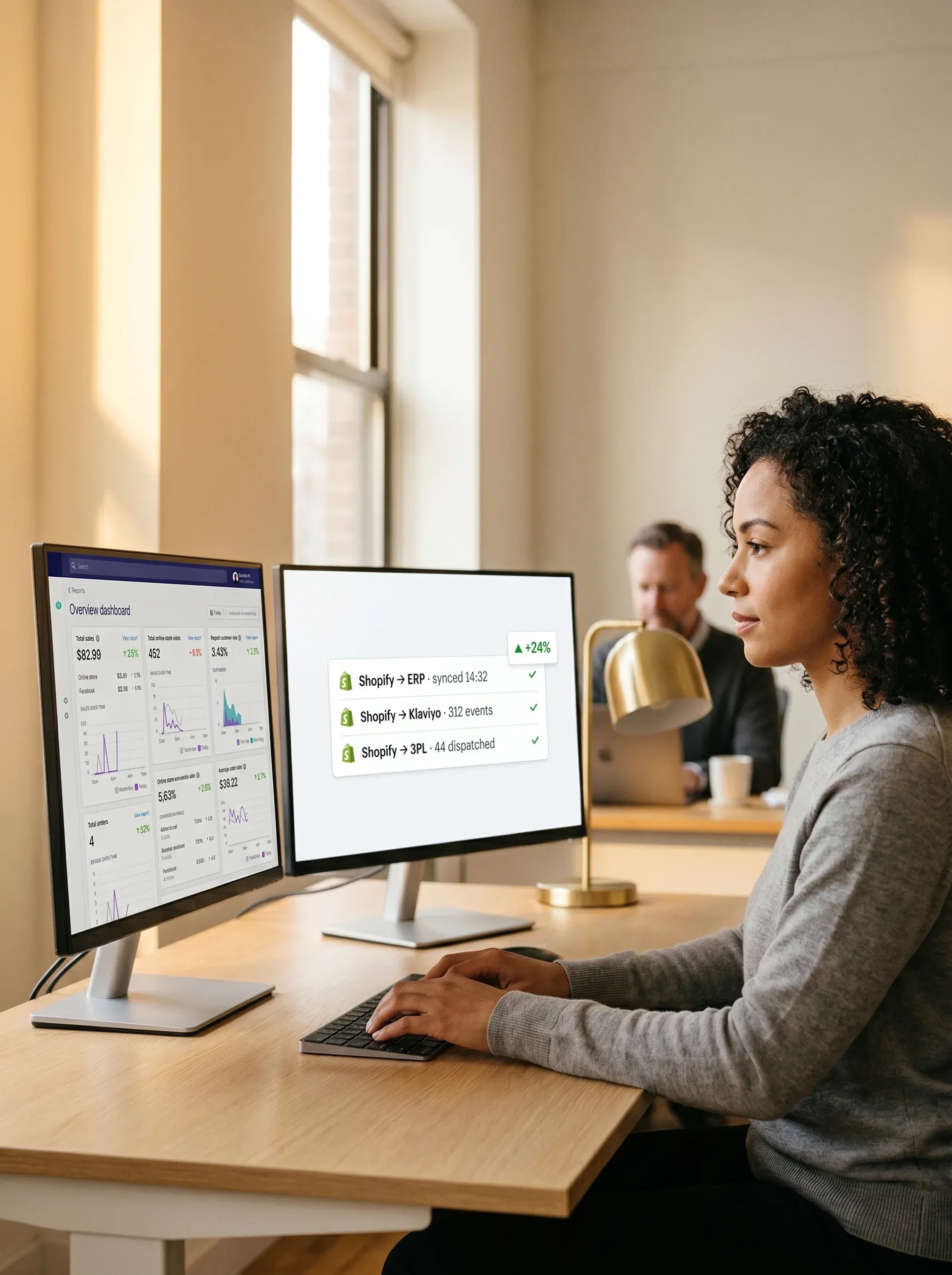 Ecommerce merchant at dual monitors reviewing live order management and integration dashboard with real-time inventory sync Ecommerce merchant at dual monitors reviewing live order management and integration dashboard with real-time inventory sync