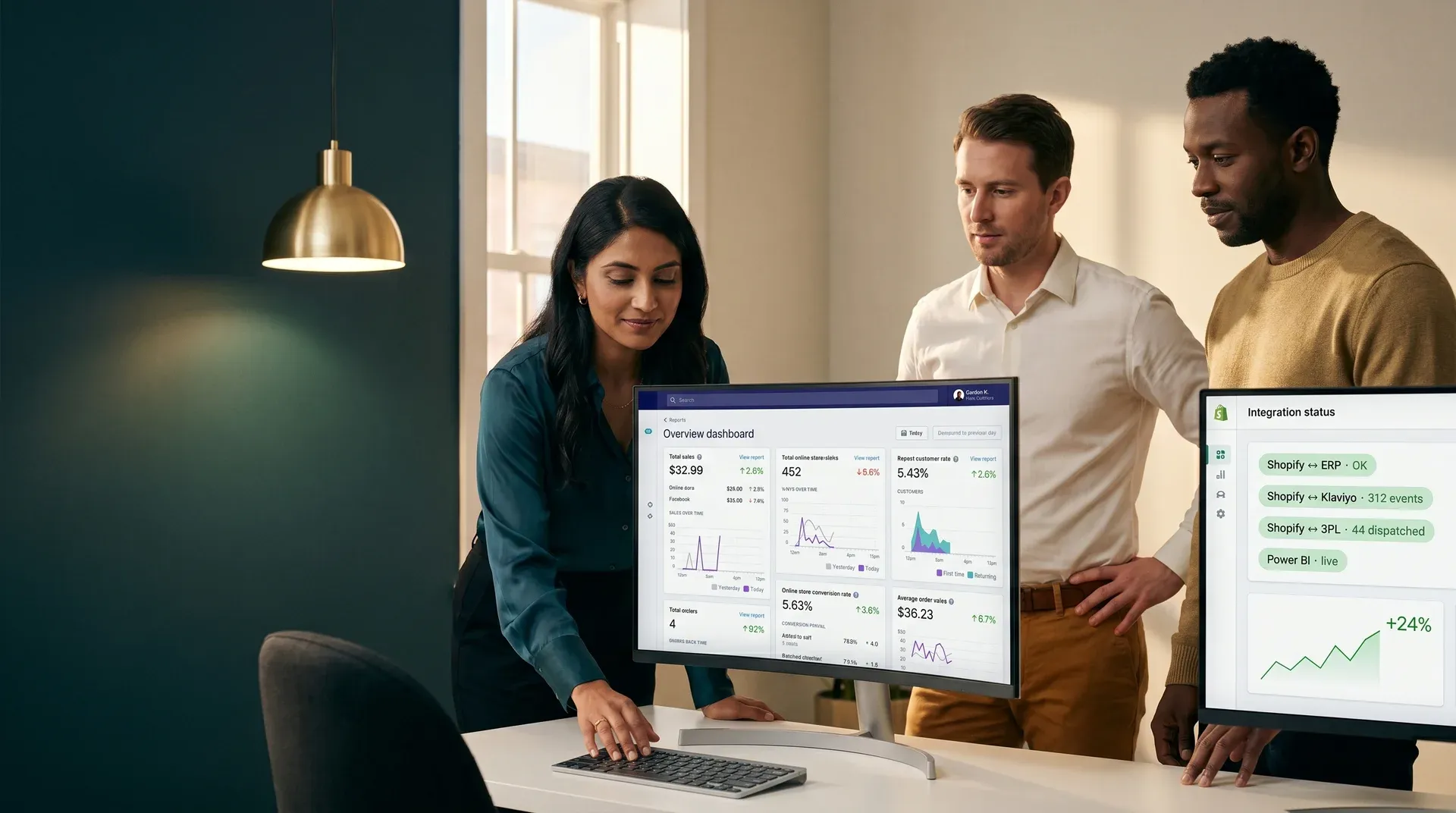 Ecommerce integration team at workstations with live data screens celebrating successful go-live of storefront integrations Ecommerce integration team at workstations with live data screens celebrating successful go-live of storefront integrations