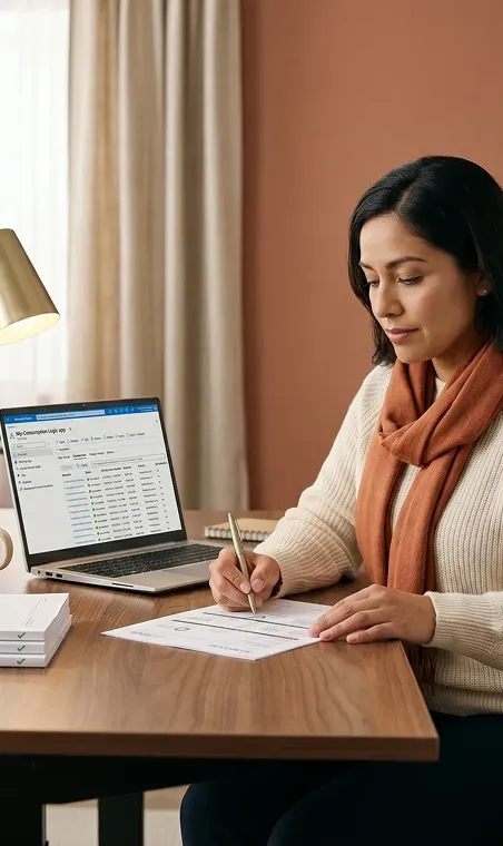 Supply chain analyst calmly reviewing EDI documents with healthy Azure Logic Apps run-history on laptop, resolved AFTER state