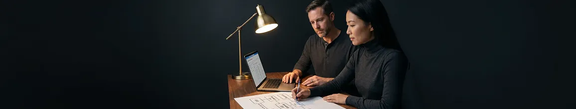 Two integration engineers reviewing EDI trading partner architecture at desk