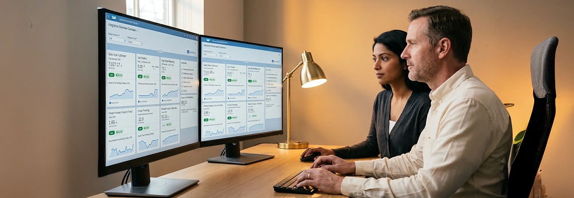 SAP integration architects reviewing system data-flow maps on large monitors, natural office light SAP integration architects reviewing system data-flow maps on large monitors, natural office light