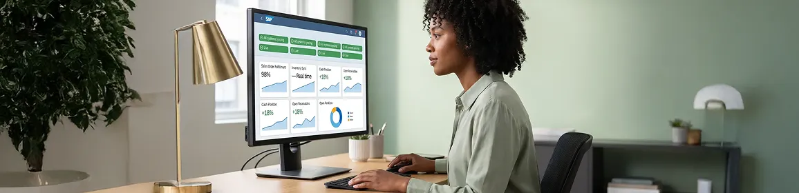 Operations lead reviewing unified SAP dashboard with live system data, focused and calm Operations lead reviewing unified SAP dashboard with live system data, focused and calm