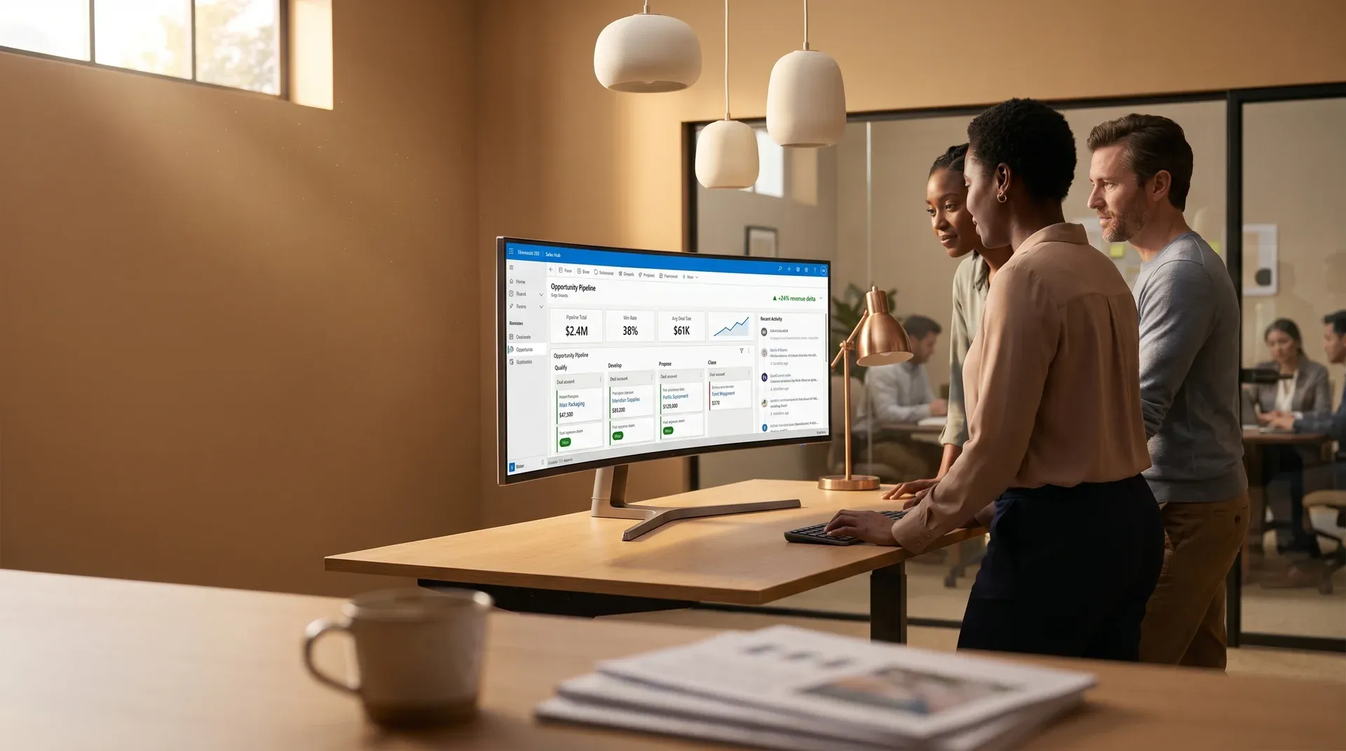 Sales team reviewing Dynamics CRM pipeline data on large monitors, warm evening office light Sales team reviewing Dynamics CRM pipeline data on large monitors, warm evening office light
