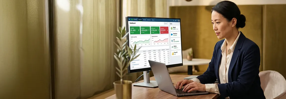 Finance lead reviewing Sage accounting integration dashboard with live sync status indicators, warm natural office light Finance lead reviewing Sage accounting integration dashboard with live sync status indicators, warm natural office light