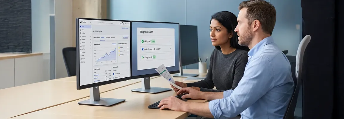 Integration team reviewing BigCommerce data pipeline on dual monitors, natural office light Integration team reviewing BigCommerce data pipeline on dual monitors, natural office light
