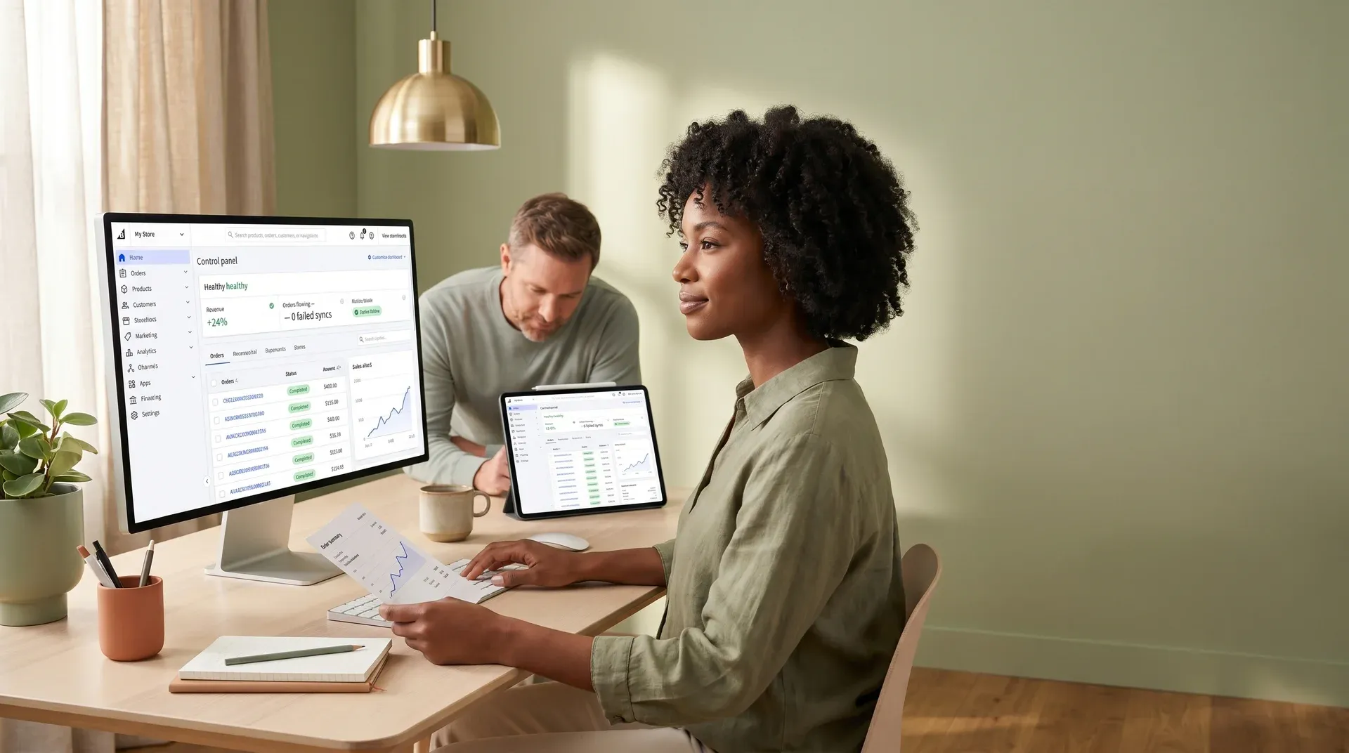 Merchant overwhelmed by manual order management across disconnected systems, surrounded by spreadsheets Merchant overwhelmed by manual order management across disconnected systems, surrounded by spreadsheets