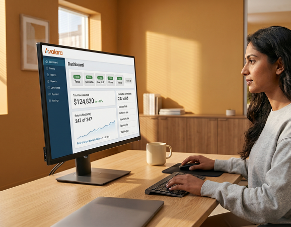 Finance operations lead reviewing multi-state Avalara tax compliance dashboard in natural morning light Finance operations lead reviewing multi-state Avalara tax compliance dashboard in natural morning light