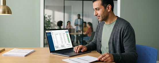 Tax compliance strategist reviewing multi-state Avalara jurisdiction report on laptop in soft natural light Tax compliance strategist reviewing multi-state Avalara jurisdiction report on laptop in soft natural light