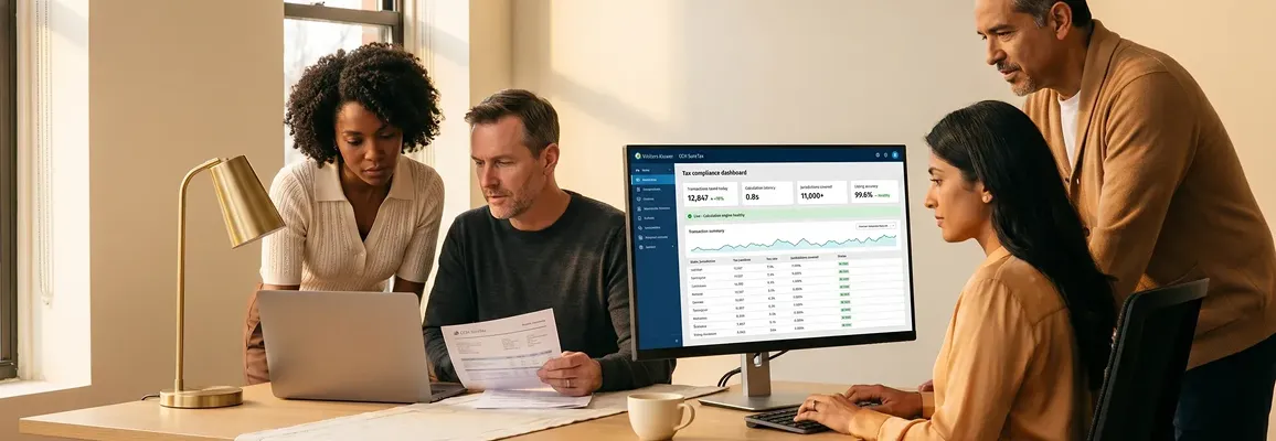 Finance and compliance team reviewing Wolters Kluwer CCH SureTax tax reports at open plan workspace, natural light, focused Finance and compliance team reviewing Wolters Kluwer CCH SureTax tax reports at open plan workspace, natural light, focused