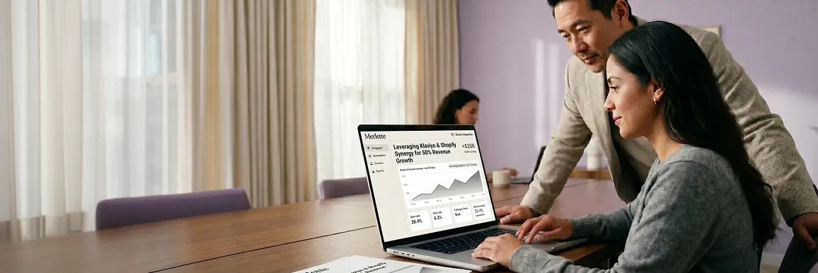 Luxury fashion brand ecommerce team reviewing email revenue attribution dashboard showing 50% of revenue from email channel after Shopify Klaviyo integration go-live, calm elegant workspace Luxury fashion brand ecommerce team reviewing email revenue attribution dashboard showing 50% of revenue from email channel after Shopify Klaviyo integration go-live, calm elegant workspace