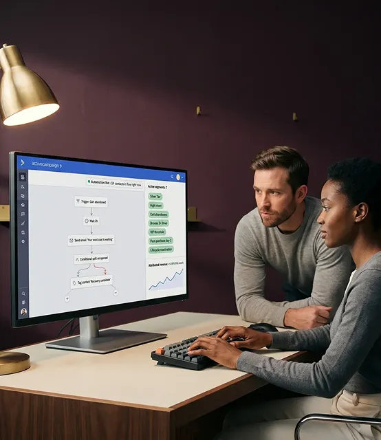 Marketing team energized around a large monitor showing live ActiveCampaign automation dashboard with segments and lifecycle flows visible, warm ambient light