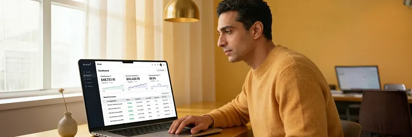 Marketing lead at laptop reviewing Klaviyo email campaign performance results, morning natural light