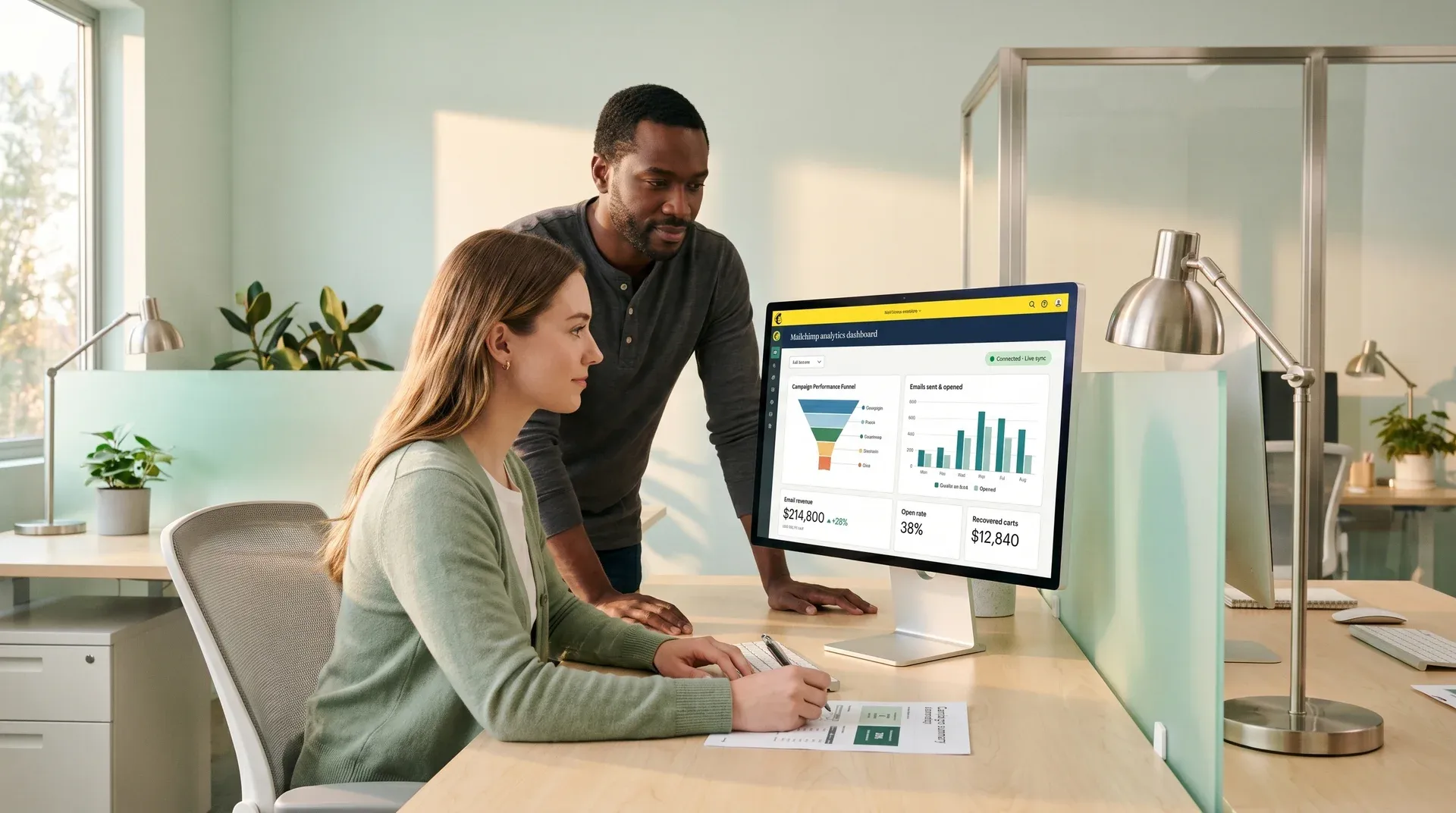 Ecommerce team reviewing email revenue attribution data on shared dashboard