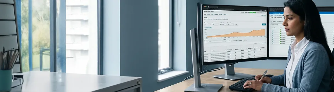 Warehouse operations team manually processing Amazon Vendor purchase orders, visible inefficiency and stacks of paper POs Warehouse operations team manually processing Amazon Vendor purchase orders, visible inefficiency and stacks of paper POs