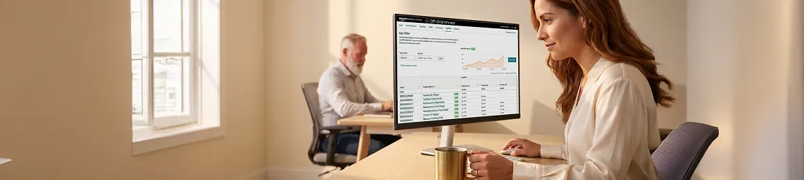 Ecommerce merchant reviewing integrated Amazon Vendor Central dashboard after go-live, showing improved data visibility Ecommerce merchant reviewing integrated Amazon Vendor Central dashboard after go-live, showing improved data visibility
