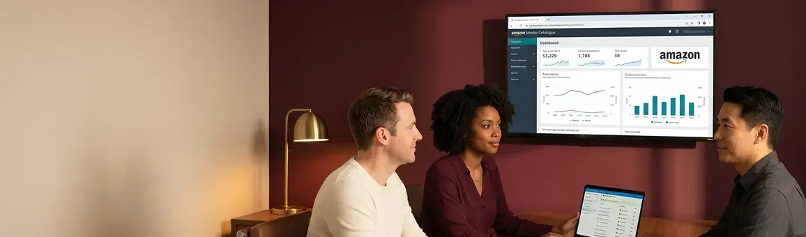 Operations team at Amazon Vendor integration go-live reviewing live order flow on monitors, screen glow lighting Operations team at Amazon Vendor integration go-live reviewing live order flow on monitors, screen glow lighting