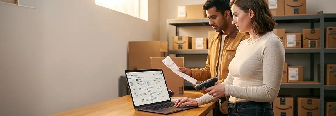 Operations team managing Amazon FBM shipments from a warehouse workstation Operations team managing Amazon FBM shipments from a warehouse workstation