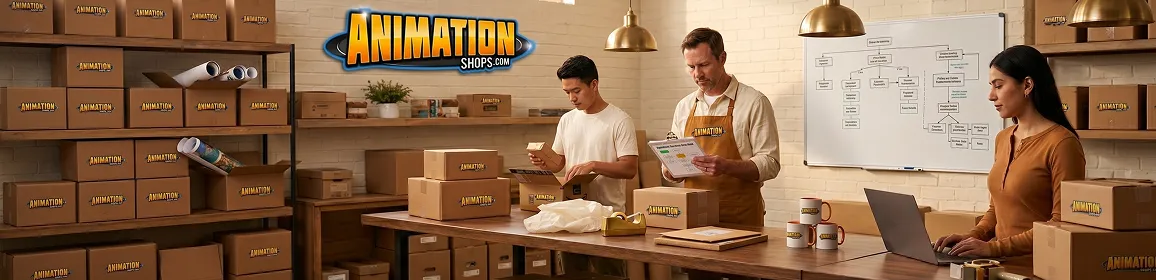 Animation Shop operations team managing Amazon FBM orders from a warehouse workstation Animation Shop operations team managing Amazon FBM orders from a warehouse workstation