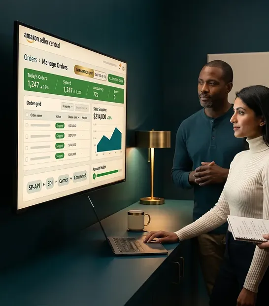 Redefine operations team at the moment an Amazon FBM integration goes live, screen glow, focused Redefine operations team at the moment an Amazon FBM integration goes live, screen glow, focused