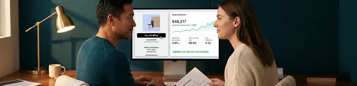 Merchant reviewing successful Apple Pay transaction volume and conversion metrics on laptop