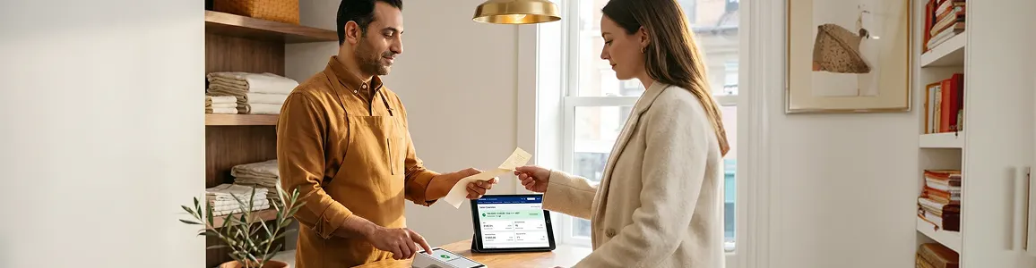 Customer completing checkout with merchant at point-of-sale counter, card reader showing Approved 142.00 and Chase POS tablet visible: successful transaction moment in warm shop light Customer completing checkout with merchant at point-of-sale counter, card reader showing Approved 142.00 and Chase POS tablet visible: successful transaction moment in warm shop light