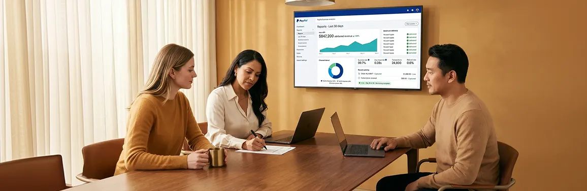 Luxury ecommerce brand team reviewing successful PayPal integration results on payment dashboard Luxury ecommerce brand team reviewing successful PayPal integration results on payment dashboard