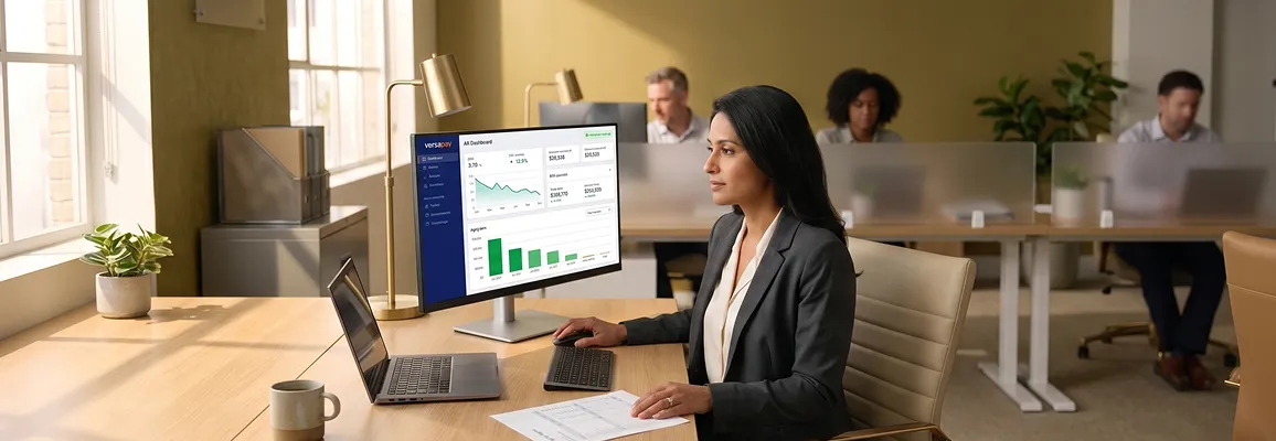 Finance director reviewing Versapay accounts receivable dashboard at modern office desk Finance director reviewing Versapay accounts receivable dashboard at modern office desk