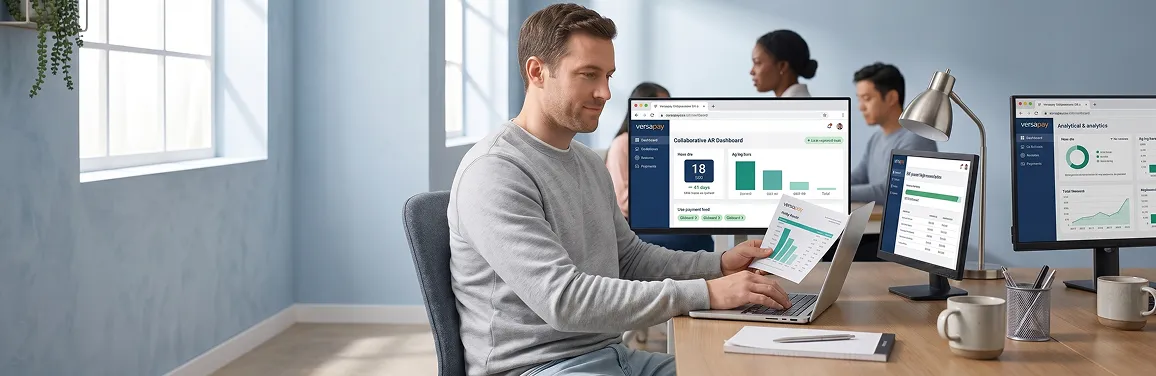 Finance analyst at a clean organized desk reviewing a healthy Versapay accounts receivable dashboard with declining DSO and high auto-match rate Finance analyst at a clean organized desk reviewing a healthy Versapay accounts receivable dashboard with declining DSO and high auto-match rate