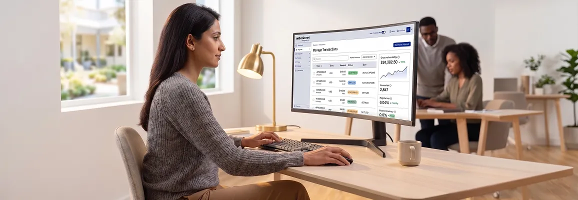 Payment operations team monitoring live Authorize.NET transaction data on dual monitors, natural office light Payment operations team monitoring live Authorize.NET transaction data on dual monitors, natural office light