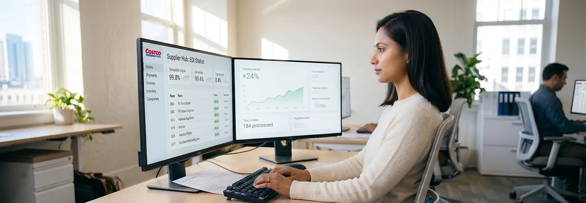 Warehouse operations manager reviewing live Costco EDI order feed on dual monitors Warehouse operations manager reviewing live Costco EDI order feed on dual monitors