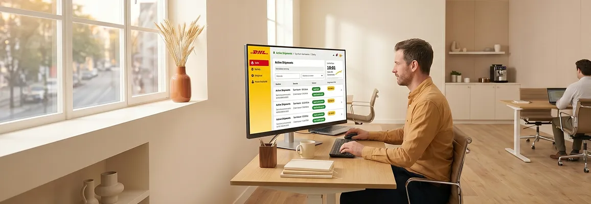 Operations team monitoring live DHL shipment dashboard in a daylight office