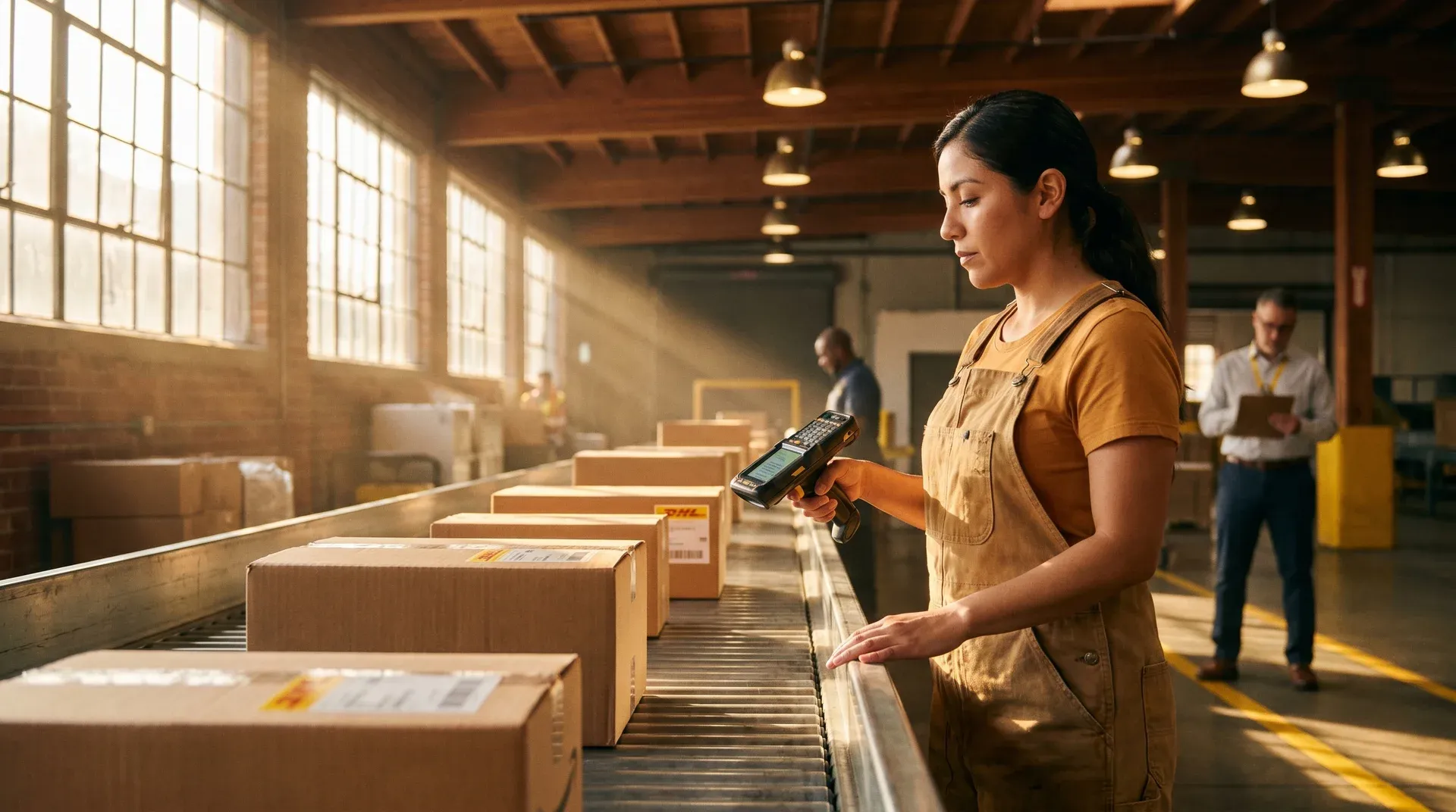 Warehouse worker scanning packed parcels on a sortation conveyor at golden hour