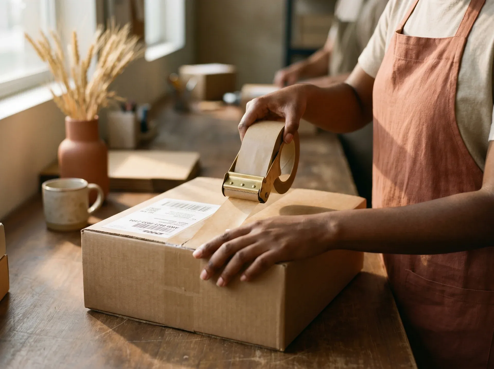 Founder taping a packed shipment at the counter in daylight
