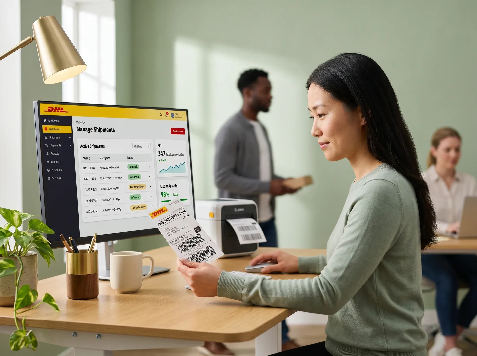 Operations manager reviewing freshly printed shipping labels at her workstation