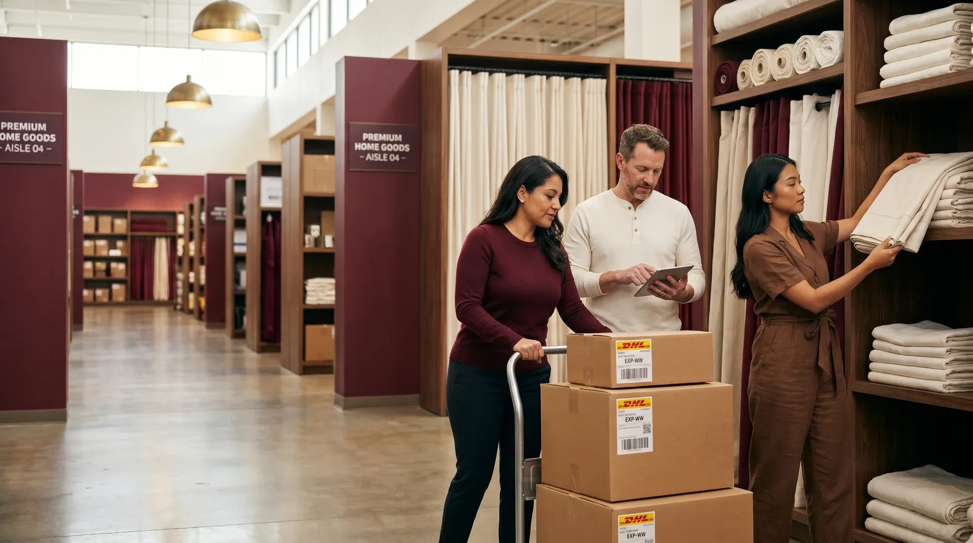 Warehouse team coordinating multi-channel fulfillment carts in a daylight aisle