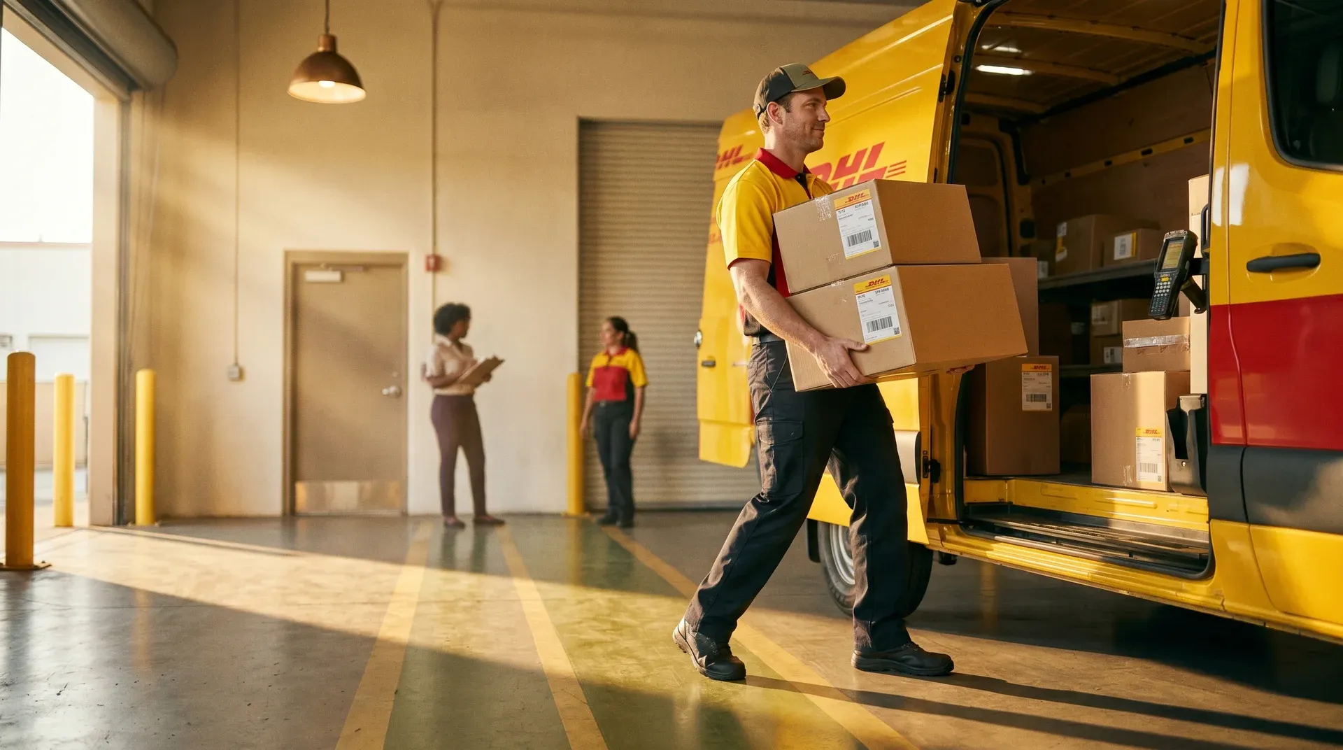 DHL driver lifting parcels into a van at a loading dock in morning light
