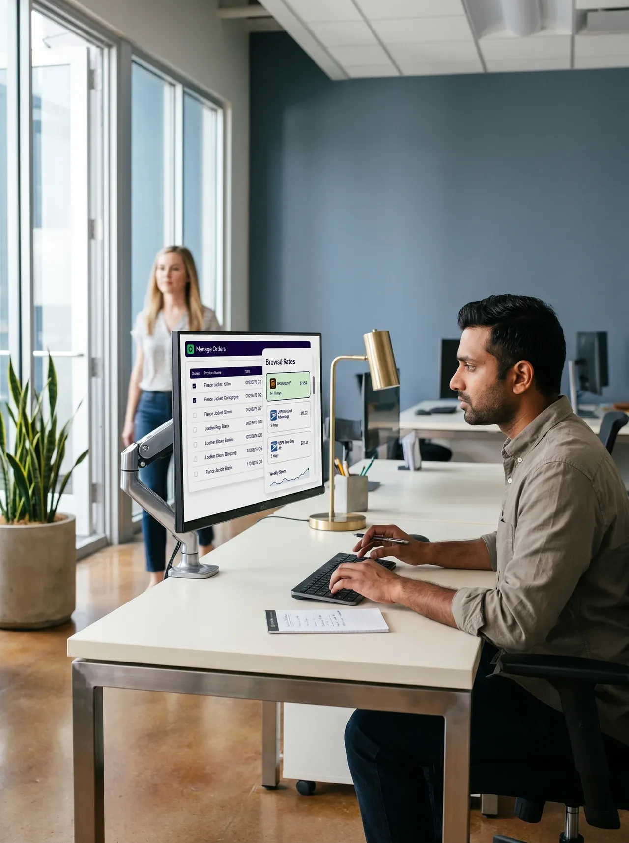 Operations lead reviewing carrier rate comparison on monitor in fulfillment office Operations lead reviewing carrier rate comparison on monitor in fulfillment office