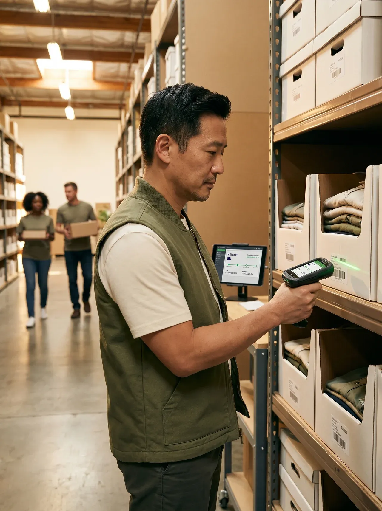 Warehouse picker scanning barcode label on inventory shelf during morning fulfillment Warehouse picker scanning barcode label on inventory shelf during morning fulfillment