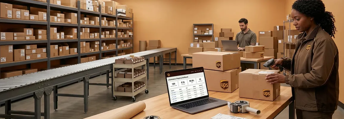 Warehouse operations team scanning and processing UPS shipments under natural warehouse lighting Warehouse operations team scanning and processing UPS shipments under natural warehouse lighting