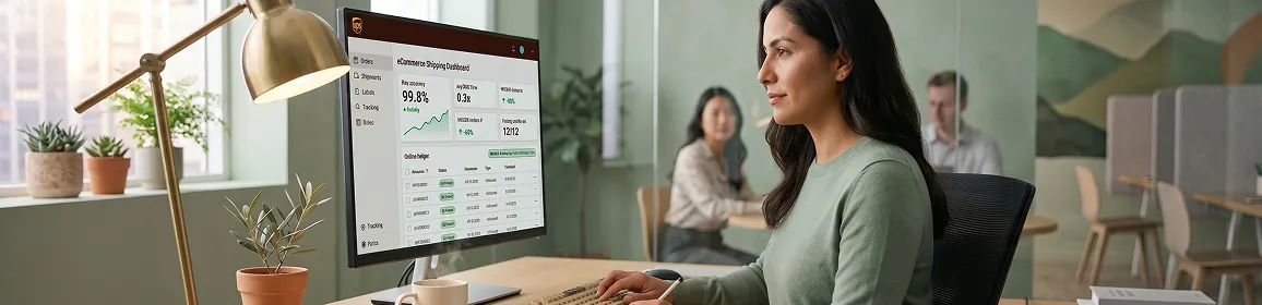 Operations lead reviewing shipping error reports on monitor in open office Operations lead reviewing shipping error reports on monitor in open office