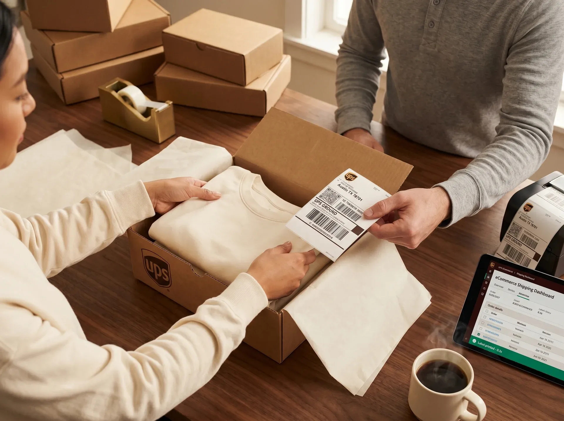 Close-up of hands carefully packing an ecommerce order at a fulfillment station Close-up of hands carefully packing an ecommerce order at a fulfillment station