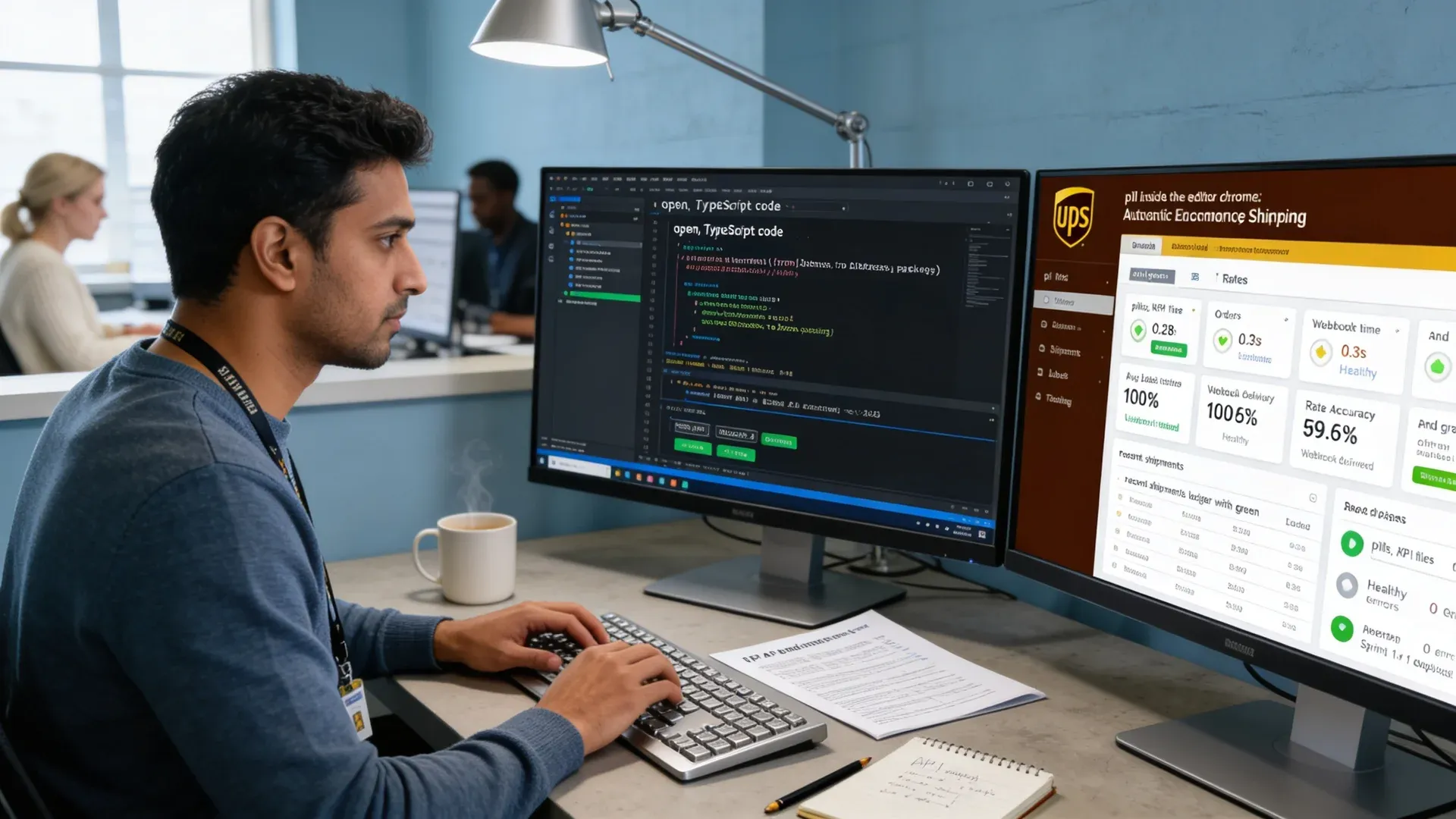 Developer configuring UPS API integration at workstation with dual monitors Developer configuring UPS API integration at workstation with dual monitors