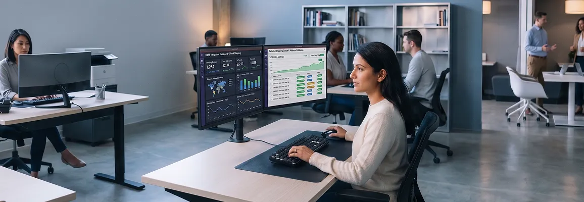 Fulfillment operations team reviewing live USPS shipping rates and labels on dual monitors Fulfillment operations team reviewing live USPS shipping rates and labels on dual monitors