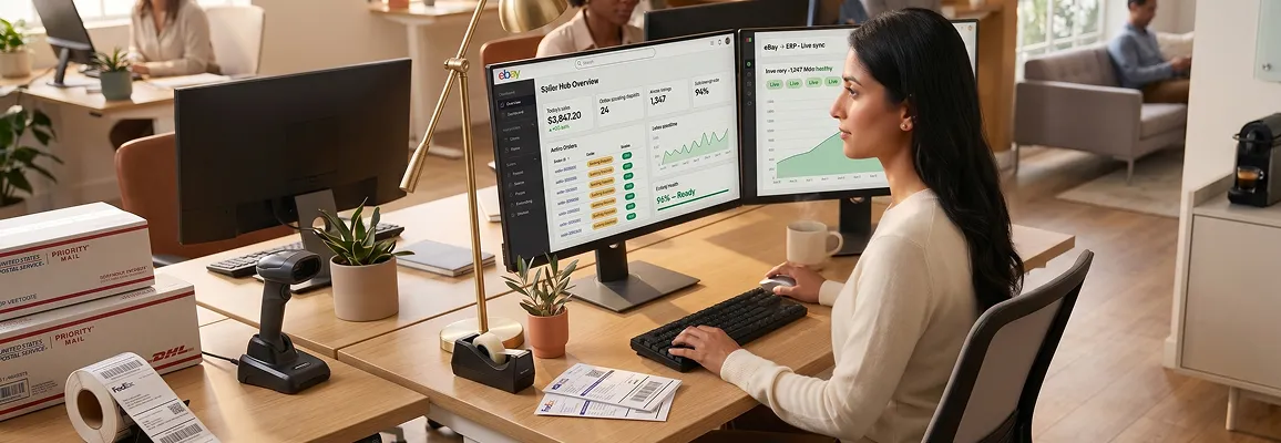 Ecommerce seller reviewing live eBay orders on dual-monitor setup with dashboard light and natural office environment Ecommerce seller reviewing live eBay orders on dual-monitor setup with dashboard light and natural office environment
