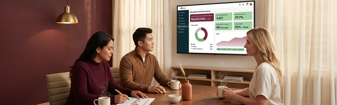 Ecommerce team reviewing multichannel marketplace analytics dashboard with focus and natural office environment Ecommerce team reviewing multichannel marketplace analytics dashboard with focus and natural office environment