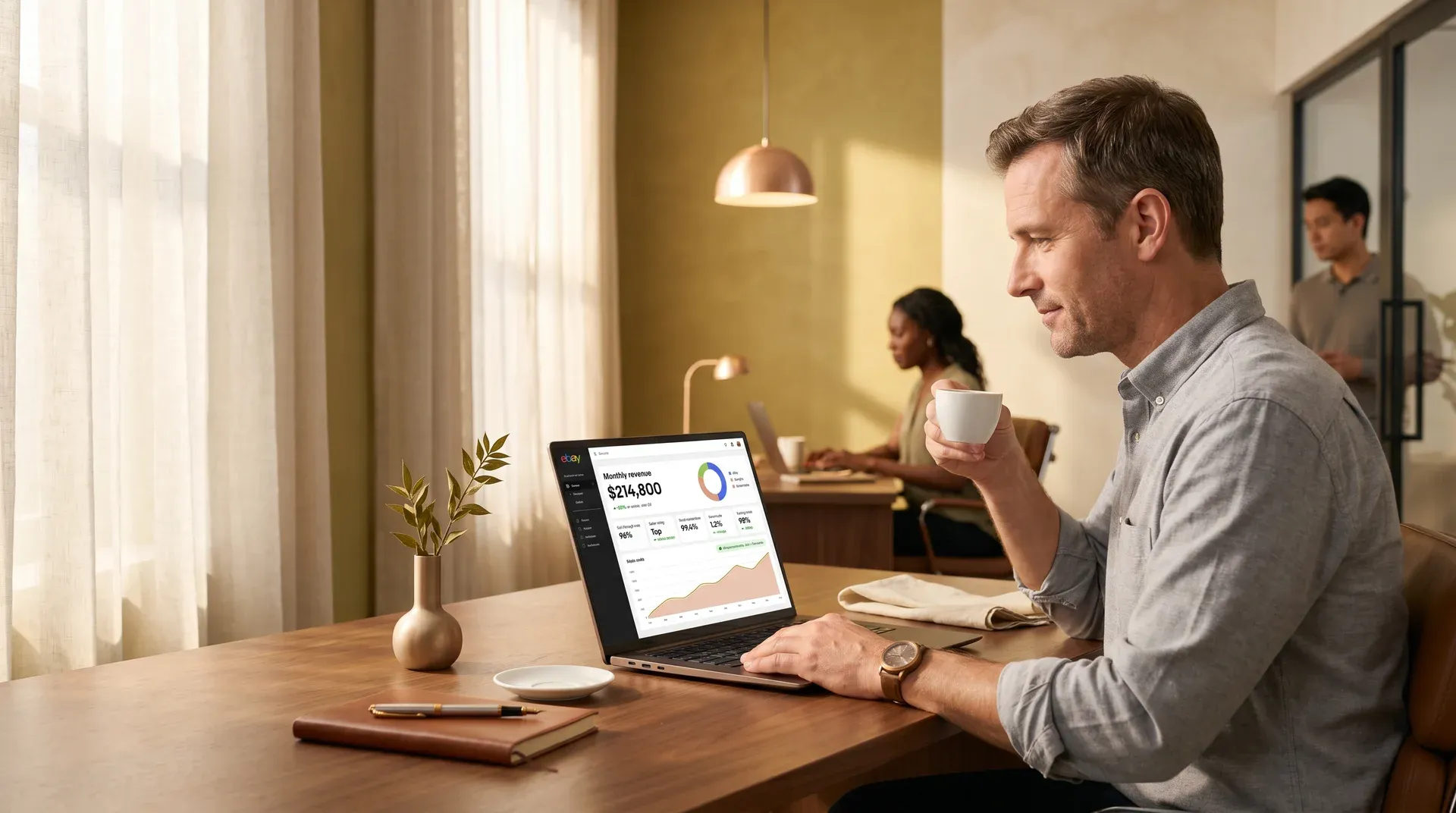 Merchant reviewing eBay seller performance metrics and analytics on laptop at clean desk with morning light side angle Merchant reviewing eBay seller performance metrics and analytics on laptop at clean desk with morning light side angle