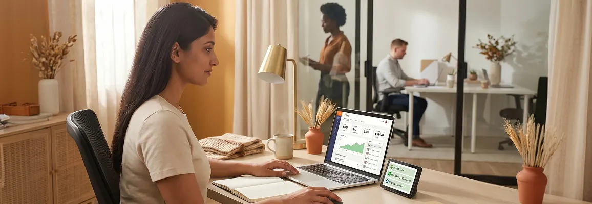 Etsy seller at desk reviewing live order dashboard across connected ecommerce systems, natural morning light Etsy seller at desk reviewing live order dashboard across connected ecommerce systems, natural morning light