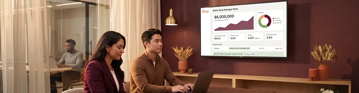 Eyeglasses123 multi-channel ecommerce ops team reviewing unified Etsy + Shopify + Amazon dashboard with $6M annual revenue, premium executive editorial tone Eyeglasses123 multi-channel ecommerce ops team reviewing unified Etsy + Shopify + Amazon dashboard with $6M annual revenue, premium executive editorial tone