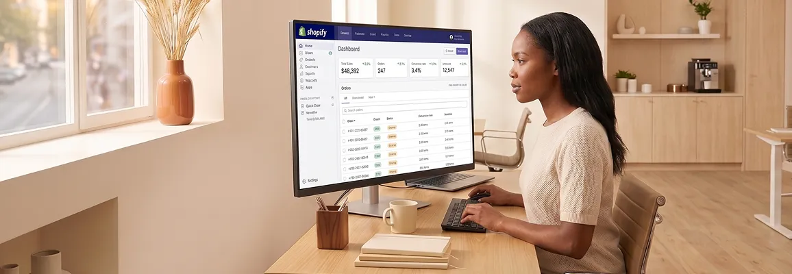 Ecommerce operations manager reviewing live Target marketplace integration dashboard at standing desk with natural light Ecommerce operations manager reviewing live Target marketplace integration dashboard at standing desk with natural light