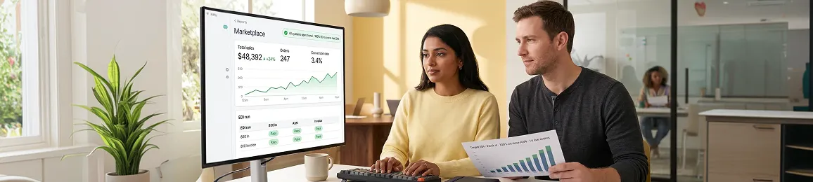 Operations team manually processing Target marketplace orders with spreadsheets and printouts on a busy desk Operations team manually processing Target marketplace orders with spreadsheets and printouts on a busy desk